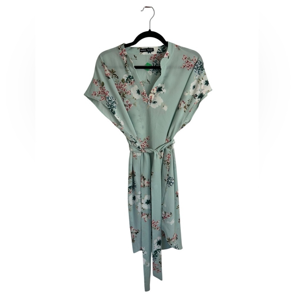 SHEIN Light Blue Floral Belted Waist V-neck Dress Lightweight Women’s Size XL